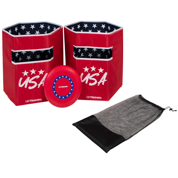 A black mesh bag with grey trim containing a red, white, and blue frisbee with stars and stripes.