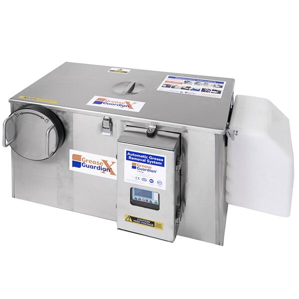 A stainless steel Grease Guardian GGX25 automatic grease removal unit with a lid.