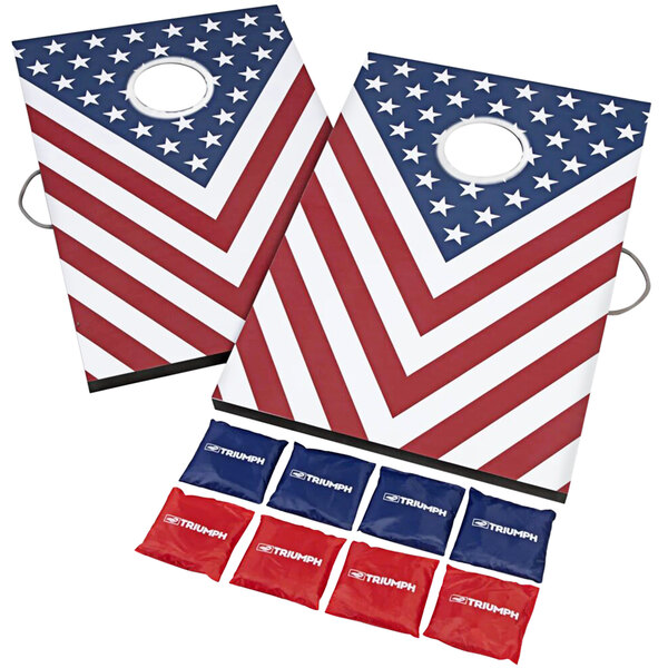 A pair of Triumph patriotic cornhole bags with American flag designs.
