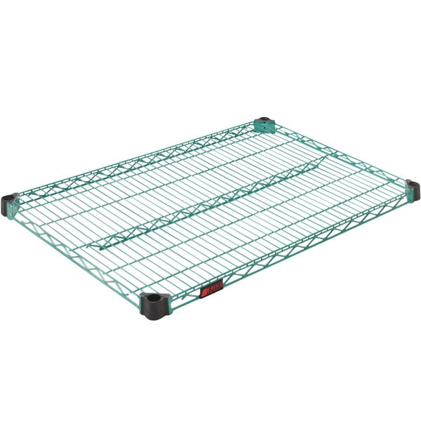An Eagle Group green and zinc wire shelf with black handles.