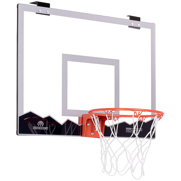A Silverback mini basketball hoop over a door with a white net and rim.