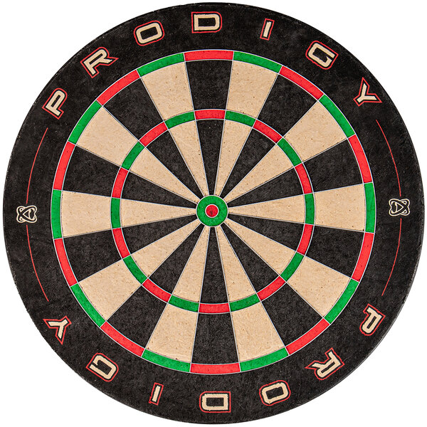 A Prodigy dartboard with red, green, and black text in the center.