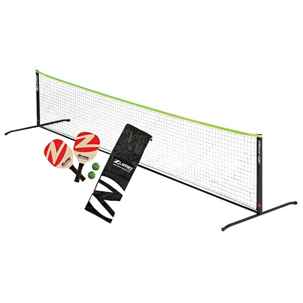 A Zume Portable Pickleball set with a black net and paddles next to balls.