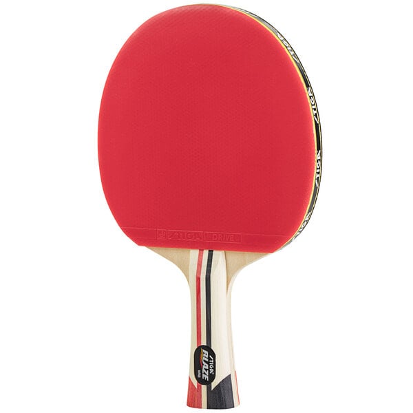 A red Stiga Blaze table tennis paddle with a black handle.