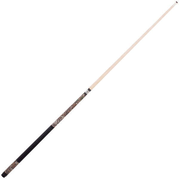 A Mizerak Realtree Camouflage pool cue with a black and white Irish Linen grip.