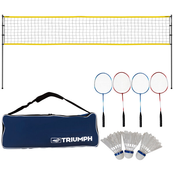 A blue and white Triumph badminton racket in a bag with a white logo.