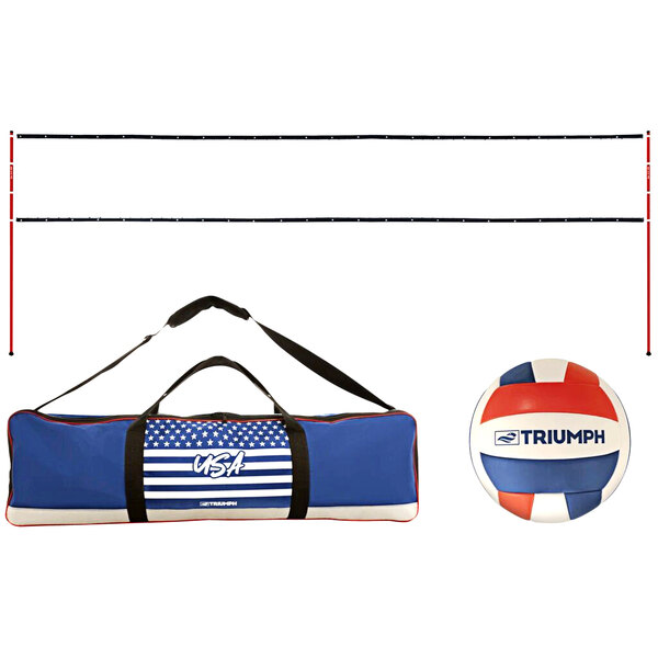 A blue and white Triumph duffel bag with a flag design next to a volleyball and net.