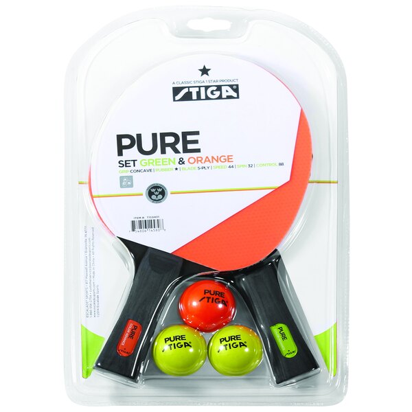 A package containing two Stiga ping pong paddles and balls.