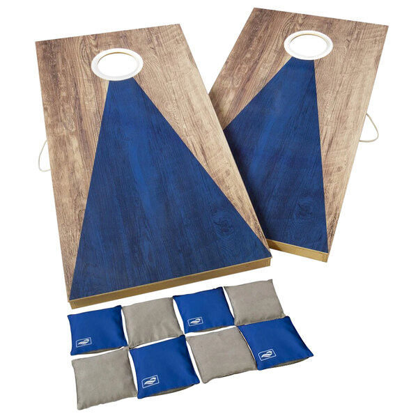 A Triumph blue and gray wood cornhole game set with LED lights.