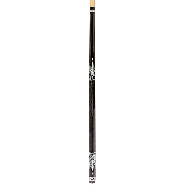 A black and silver Mizerak pool cue with a white background.