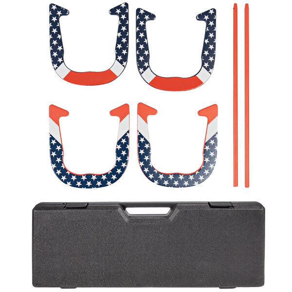 A black case with an American flag design holding four horseshoes with stars and stripes.