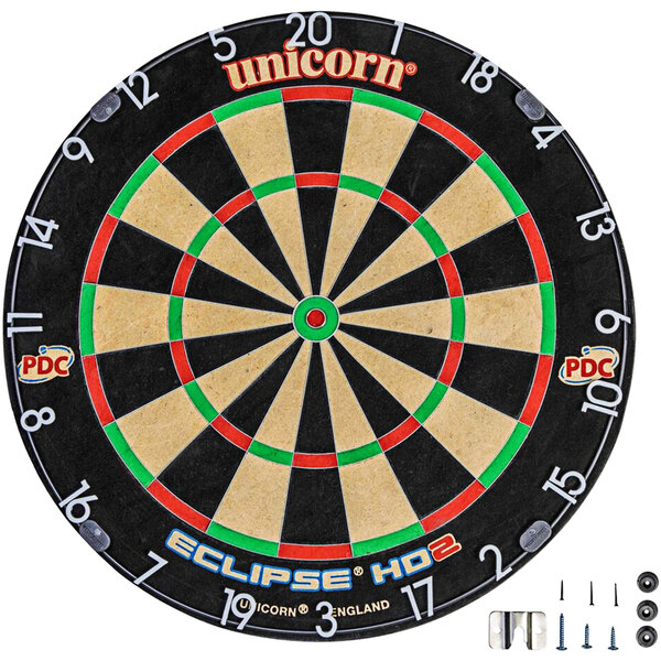 A Unicorn Eclipse HD2 dartboard with numbers and darts.