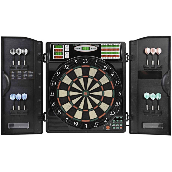 A black Arachnid dartboard cabinet with darts on the front.