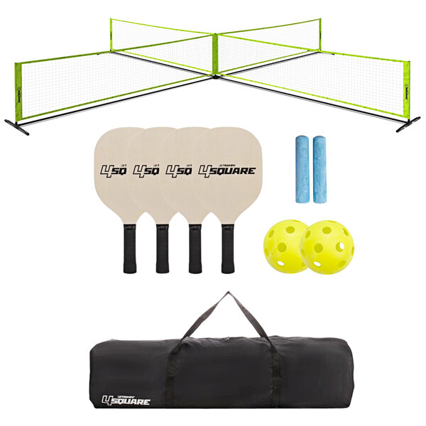 A black duffel bag with a strap containing Triumph 4-player pickleball set equipment including rackets and a yellow ball.