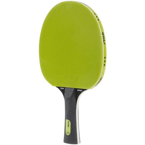 A green ping pong paddle with a black handle.