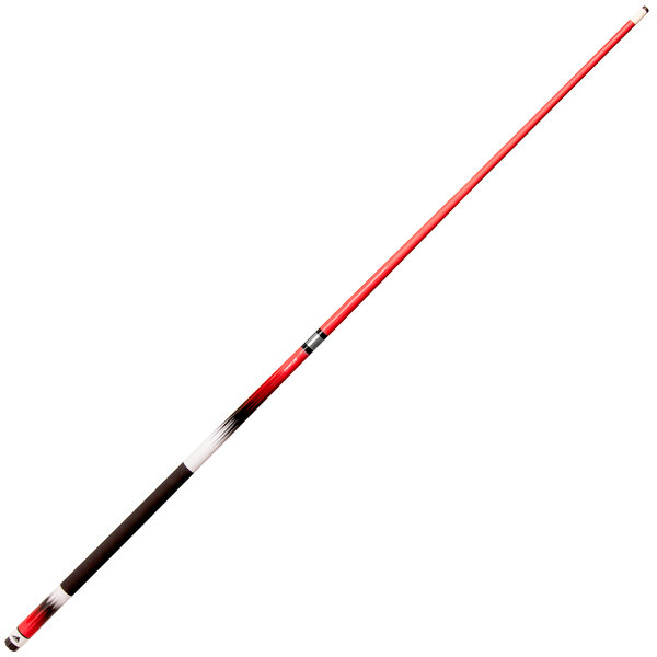A red and black Mizerak pool cue with a white handle.