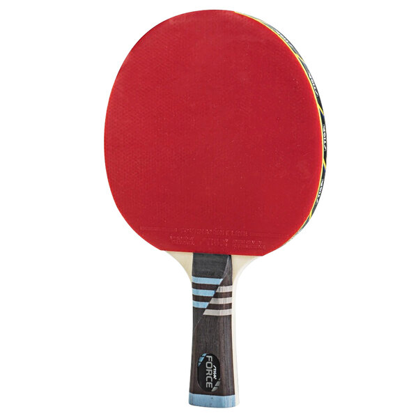 A red Stiga table tennis racket with a black handle.