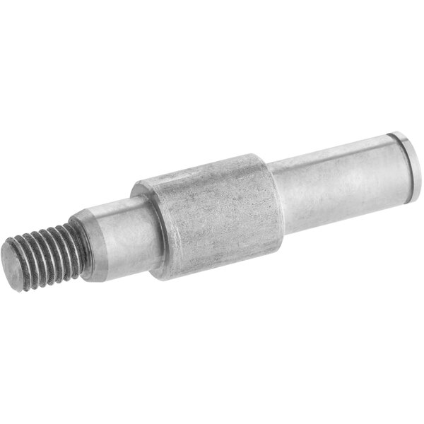 A stainless steel gear shaft for dough sheeters with a screw on the end.