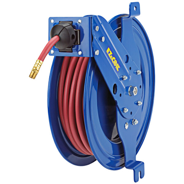 A blue Coxreels hose reel with a red hose.