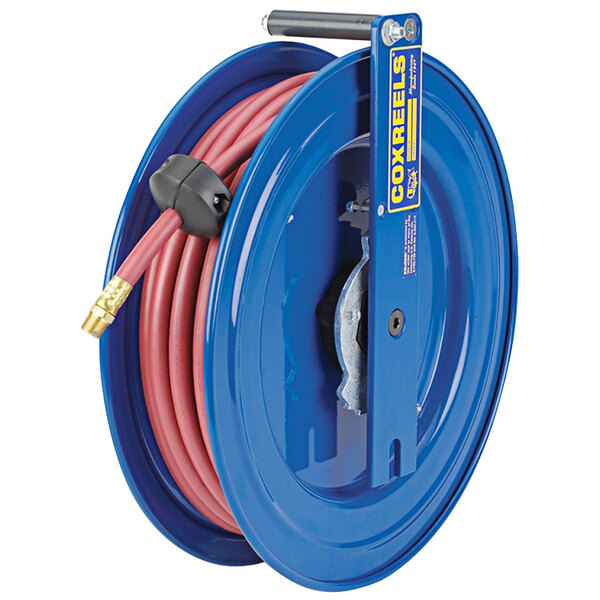 A close-up of a blue Coxreels hose reel with a hose attached to it.