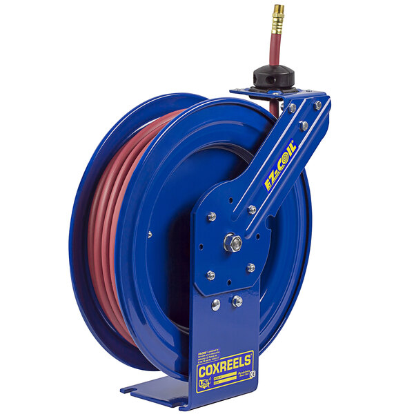 A blue Coxreels hose reel with a blue and red hose.