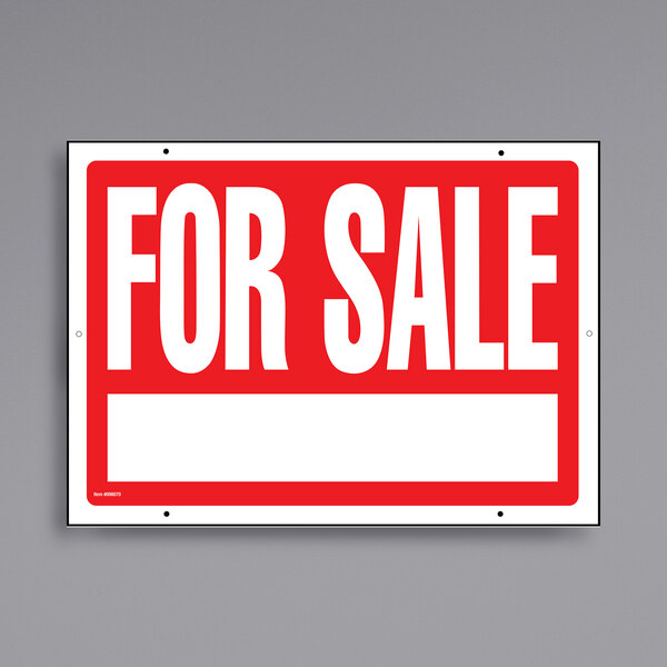 A red and white rectangular Cosco For Sale sign with white letters.