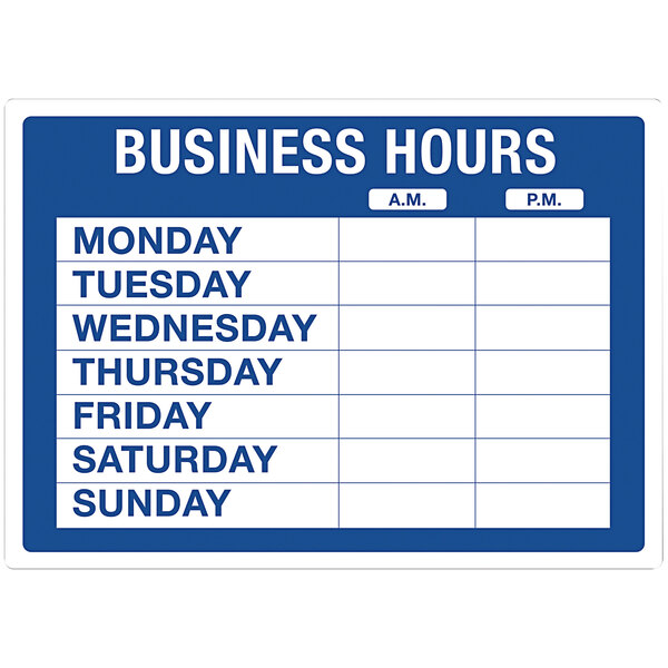 A blue Cosco business hours sign with white text and numbers.