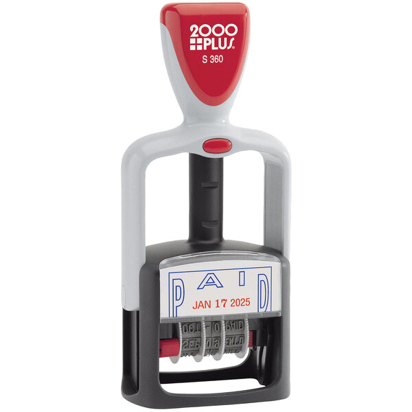 A Cosco red and blue self-inking dater stamp with the word "Paid" in blue.