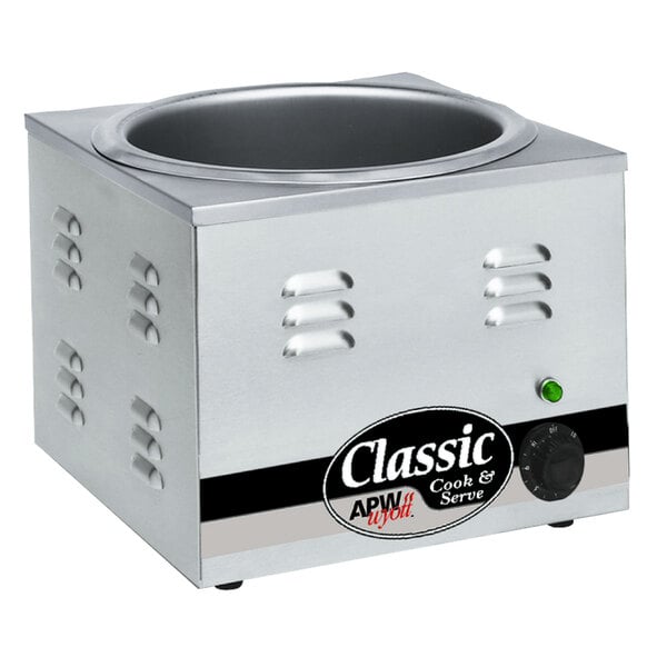 An APW Wyott silver square countertop cooker/warmer with a round lid.