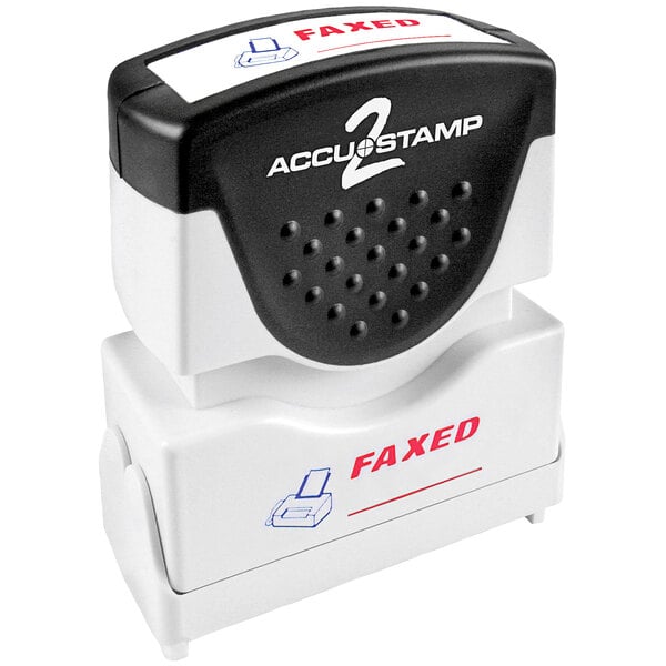 An Accustamp "FAXED" shutter stamp in red and blue.