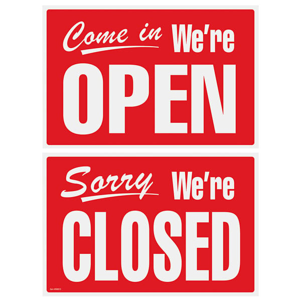 A red and white Cosco 2-sided open and closed sign.
