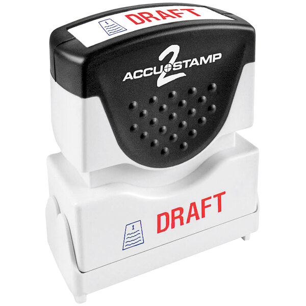 An Accustamp shutter stamp with the words "DRAFT" in red and blue.
