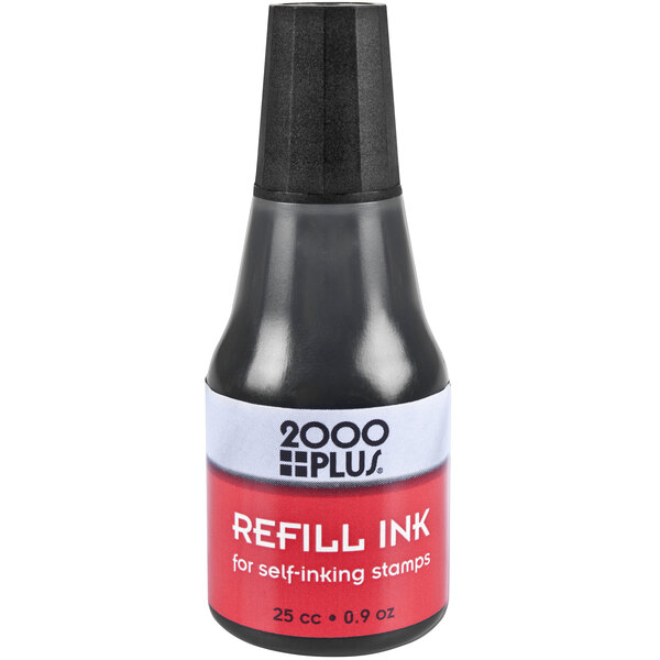 A close-up of a Cosco 2000 Plus black self-inking stamp refill ink bottle.