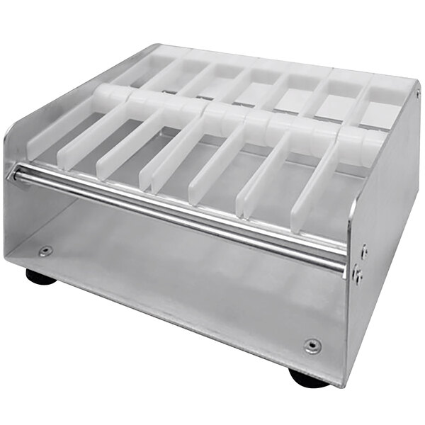 A metal rack holding a Heat Seal PS-7 Aluminum Label Dispenser with plastic trays in it.