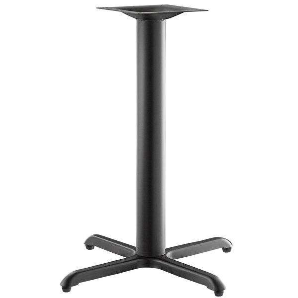 A black metal Lancaster Table & Seating Excalibur table base with a black pole and square top.