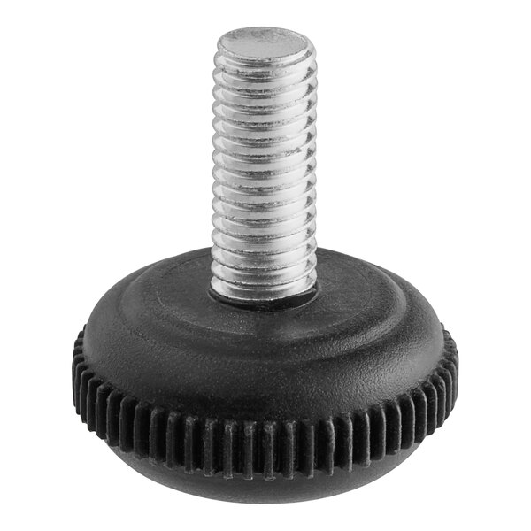 A black and silver screw with a black plastic cap.