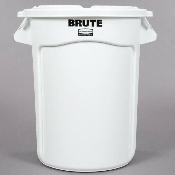 A white plastic Rubbermaid storage container with a white lid.