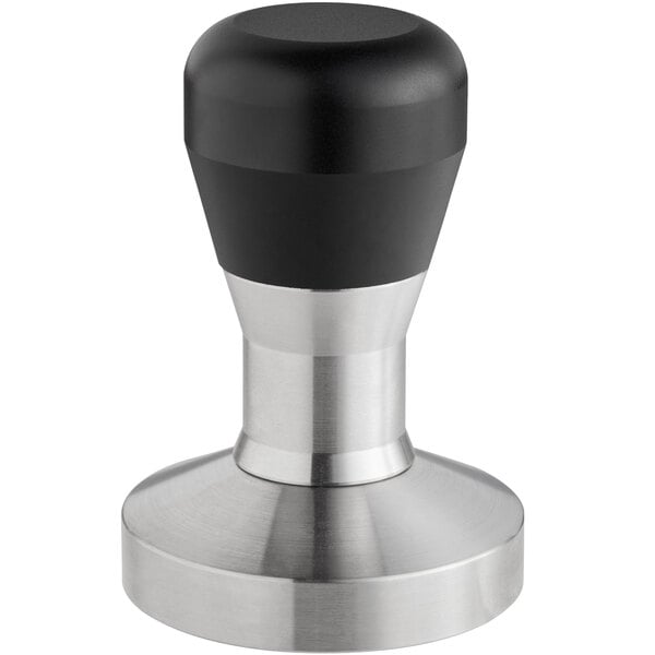 A stainless steel and black rubber espresso tamper with a round metal and black handle.