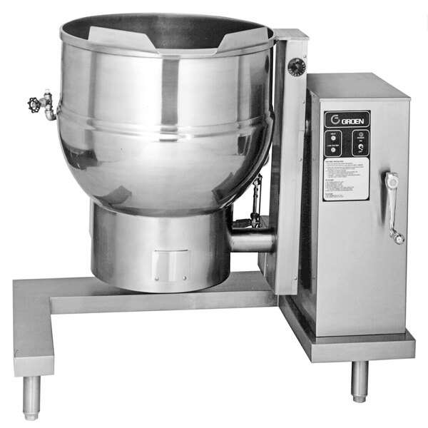 A Groen stainless steel steam kettle with a control panel.