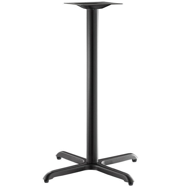 A black metal Lancaster Table & Seating Excalibur bar height table base with FLAT Tech table levelers.