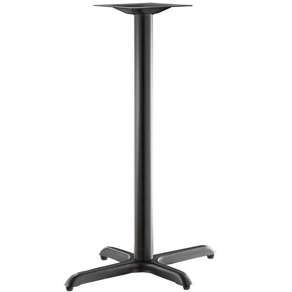 A black Lancaster Table & Seating Excalibur bar height table base with a black pole.