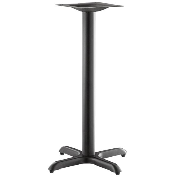 A black metal Lancaster Table & Seating Excalibur outdoor table base with a square top and a long black pole.