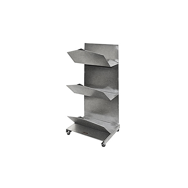 A Heat Seal stainless steel perforated film dispenser with three rolls on a metal shelf on wheels.
