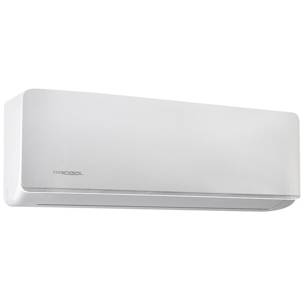A white rectangular MRCOOL DIY Series air handler with a white cover and metal frame.