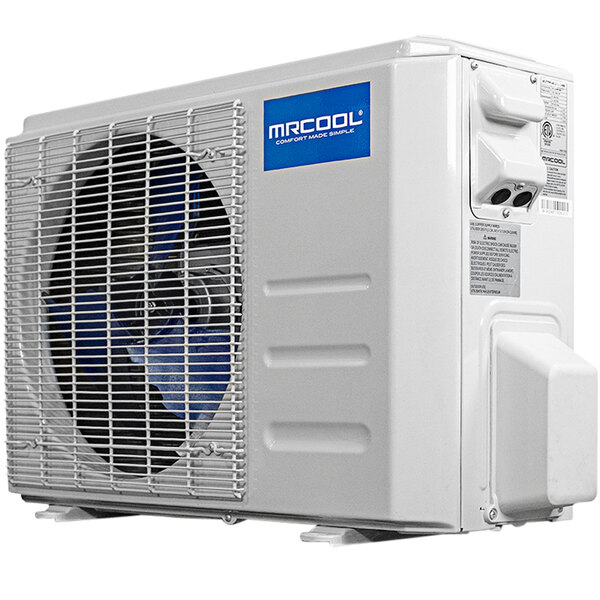 A white MRCOOL ductless mini-split with a blue and white logo.