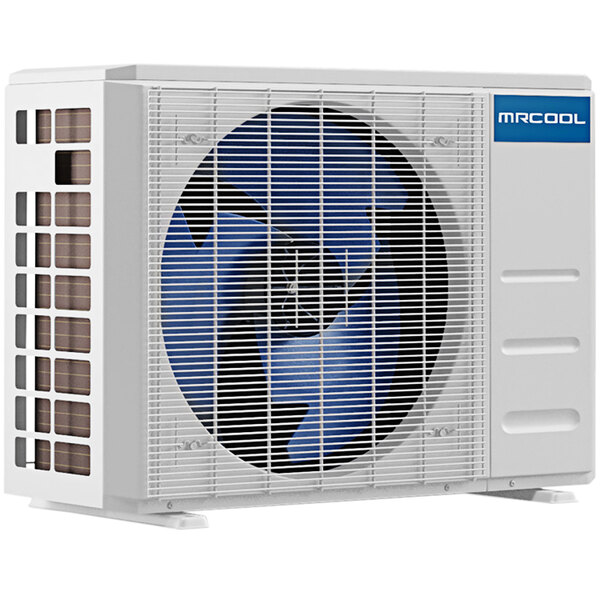 A white MRCOOL DIY Series mini-split heat pump condenser with blue and black text and accents.