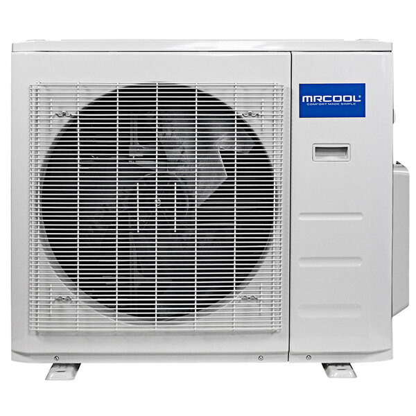 A white MRCOOL ductless mini-split heat pump condenser with a fan inside.