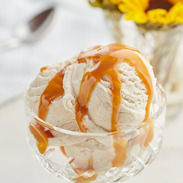 A bowl of J. Hungerford Smith dulce de leche topping drizzled on a scoop of ice cream.