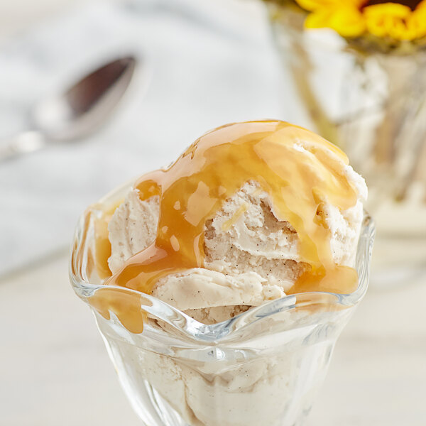 A bowl of ice cream with J. Hungerford Smith caramel sauce drizzled on top.