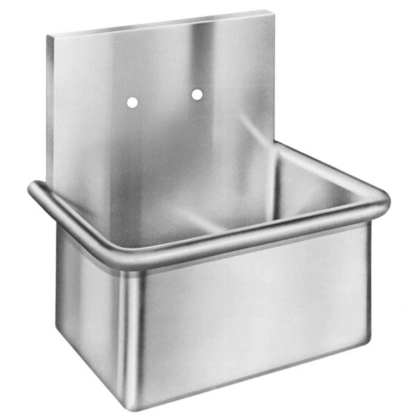 A Just Manufacturing stainless steel wall hung single bowl scrub sink with 2 faucet holes.